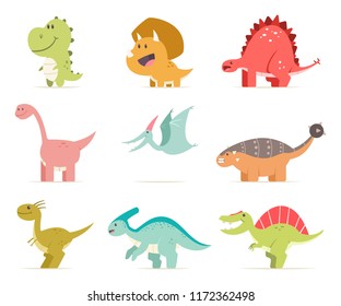Cute cartoon baby dinosaur set. Vector flat prehistoric animals isolated on white background.