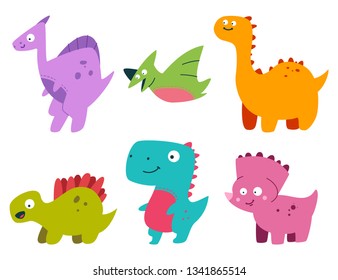 Cute cartoon baby dinosaur set. Vector flat simple prehistoric animals isolated on white background.