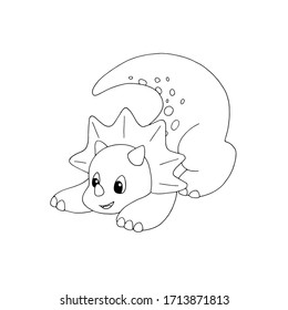 Cute cartoon baby dinosaur (triceratops). Vector illustration. White and black vector illustration for coloring book.