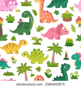 Cute cartoon baby dinosaurs pattern. Seamless background with triceratops, diplodocus, stegosaurus and other dinosaurs and plants. White background.