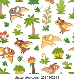 Cute cartoon baby dinosaurs pattern. Seamless background with triceratops, diplodocus, stegosaurus and other dinosaurs and plants. White background.