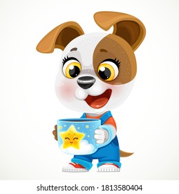 Cute cartoon baby dog with cup of hot tea or coffee isolated on a white background