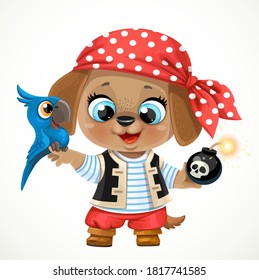 Cute cartoon baby dog dressed in pirate costume with a blue parrot and cannonball isolated on a white background