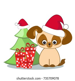 Cute cartoon baby dog with gifts. Christmas card. Vector illustration.