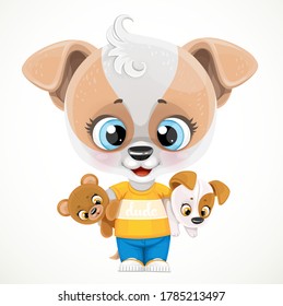 Cute cartoon baby dog with soft toys in hands isolated on a white background