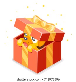 Cute cartoon baby dog yellow cub gift box 2018 year Isometric 3d flat design icon character vector illustration