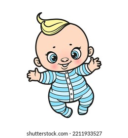 Cute cartoon baby doll in overalls color variation for coloring page on a white background