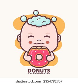 cute cartoon baby with donuts. vector illustrations with outline style, suitable for, logo brand, stickers, icons, etc.
