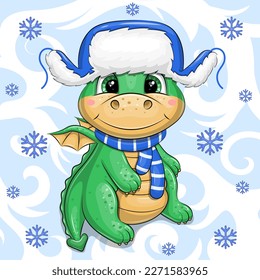 Cute cartoon baby dragon in blue winter hat and ear flaps  Vector illustartion animal blue background and snowflackes 