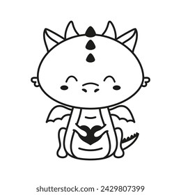 cute cartoon baby dragon hanging heart, black and white vector illustration in flat style