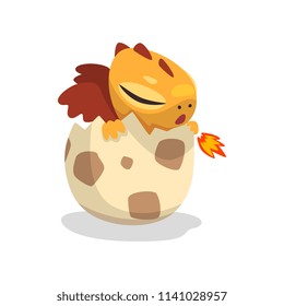 Cute cartoon baby dragon hatching from egg, funny fantasy animal character vector Illustration on a white background