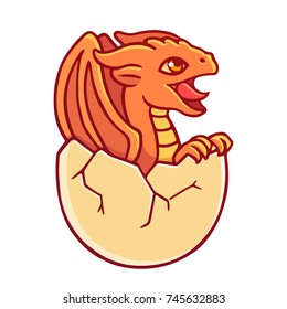 Cute cartoon baby dragon hatching from egg. Fantasy creature drawing, vector illustration.