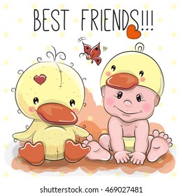 Cute Cartoon Baby in a duck hat and a duck