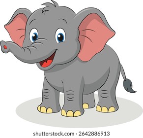 Elefante bonito do bebê do desenho animado com orelhas grandes e sorriso feliz. Ilustração vetorial para crianças, decoração de berçário, chá de bebê, projetos com temas animais e muito mais. Arquivo ESP para impressão e uso digital.