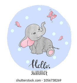 Cute cartoon baby elephant with butterflies. Vector illustration for kids.