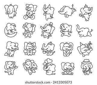 Cute cartoon baby elephant characters. Coloring Page. Adorable little indian animal. Hand drawn style. Vector drawing. Collection of design elements.