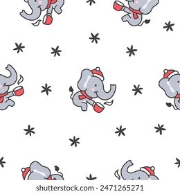 Cute cartoon baby elephant characters. Seamless pattern. Adorable little indian animal. Hand drawn style. Vector drawing. Design ornaments.