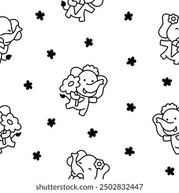 Cute cartoon baby elephant characters. Seamless pattern. Coloring Page. Adorable little indian animal. Hand drawn style. Vector drawing. Design ornaments.