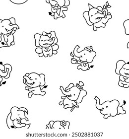 Cute cartoon baby elephant characters. Seamless pattern. Coloring Page. Adorable little indian animal. Hand drawn style. Vector drawing. Design ornaments.