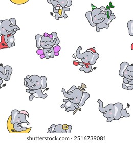 Cute cartoon baby elephant characters. Seamless pattern. Adorable little indian animal. Hand drawn style. Vector drawing. Design ornaments.