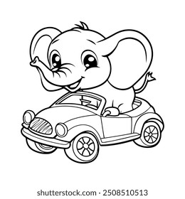 Cute cartoon baby elephant driving a car coloring page for kids, Coloring book page for children hand drawn of Elephant on white background.