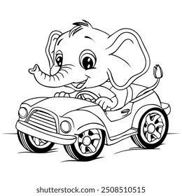 Cute cartoon baby elephant driving a car coloring page for kids, Coloring book page for children hand drawn of Elephant on white background.