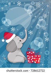 Cute cartoon baby elephant with gifts. Christmas card. Vector illustration.