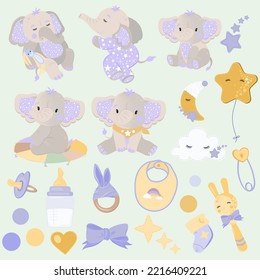 Cute Cartoon Baby Elephant Graphics Set With Bib, Feeding Bottle, Toys, Pacifier, Pin And Balloon. Newborn Clipart.