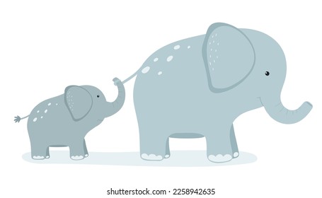 Cute cartoon baby elephant holds the tail of his mom. Flat vector illustration.