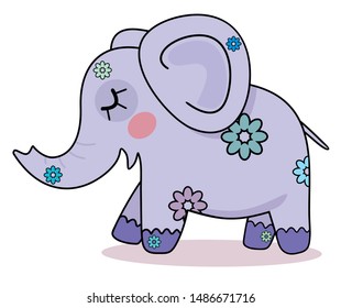 cute cartoon baby elephant kawaii with flowers in purple shades