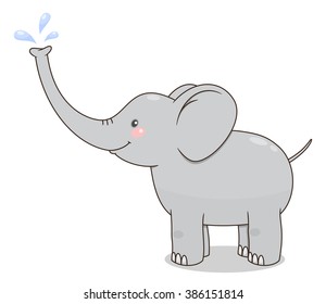 Cute cartoon baby elephant spraying water from his nose. Vector illustration