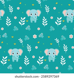 Cute Cartoon Baby Elephants with Flowers and Leaves on Teal Background