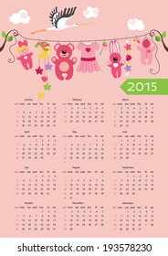 Cute cartoon baby European calendar 2015.Children's items for newborn baby girl hanging on the rope on  the branches of a tree.Against the sky and flying stork with clouds.Cartoon illustration.