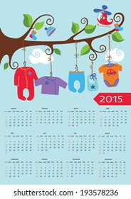 Cute cartoon baby European calendar 2015.Children's clothes for newborn baby boy hanging on the rope on  the branches of a tree.Cartoon illustration.