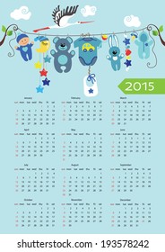 Cute cartoon baby European calendar 2015.Children's items for newborn baby boy hanging on the rope on  the branches of a tree.Against the sky and flying stork with clouds.Cartoon illustration.