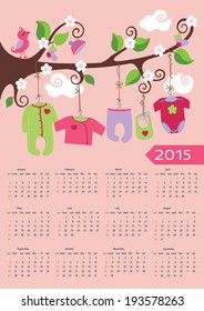 Cute cartoon baby European calendar 2015.Children's clothes for newborn baby girl hanging on the rope on  the branches of a tree.Cartoon illustration.