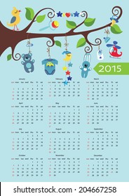 Cute cartoon baby European calendar 2015.Children's items for newborn baby boy hanging on the rope on  the branches of a tree.Against the sky and flying stork with clouds.Cartoon illustration.