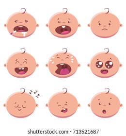 Cute cartoon baby face icons. Vector flat set of child head with different funny emotions.