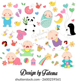Cute cartoon baby faces and objects on white background great for baby shower or nursery design