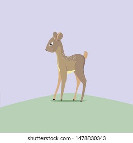 Cute cartoon baby fawn standing in a clearing, vector illustration of character