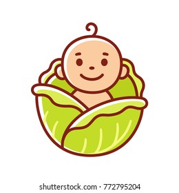 Cute cartoon baby found in cabbage patch. Funny explanation where babies come from. Vector clip art illustration.