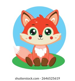 A cute cartoon baby fox with big sparkling eyes, fluffy tail, and tiny paws sits playfully, spreading joy with its innocent charm. fox illustration.
