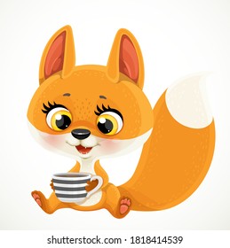 Cute cartoon baby fox with a cup of tea or coffee sit on a white background