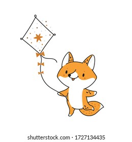 Cute cartoon baby fox with a kite isolated on white background. Summer outdoor game. Childish animal character vector illustration. Ideal for cards, poster, decoration, textile, print, book, clothing