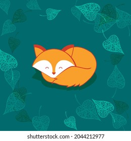 Cute cartoon baby fox with leaves. Autumn illustration
