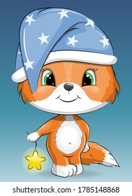 Cute cartoon baby fox in the night hat with stars. Vector illustration of animal on the blue background.