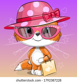 Cute cartoon baby fox in the pink hat and sunglasses holds shopping bag. Vector illustration of animal on the colorful background.