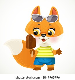 Cute Cartoon Baby Fox In Sunglasses With A Icecream Isolated On A White Background