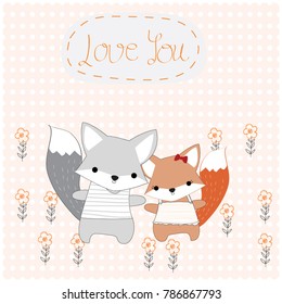 Cute cartoon baby fox,wolf or husky puppy dog character funny and satisfied,happy pattern by hand draw doodle comic style,lovely animal set vector design for valentine card