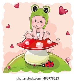 Cute Cartoon Baby in a froggy hat on the meadow